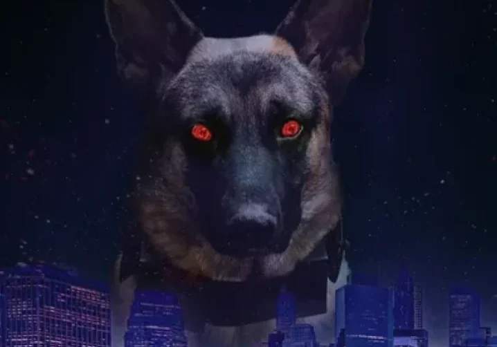 Sci-fi dog above urban skyline.