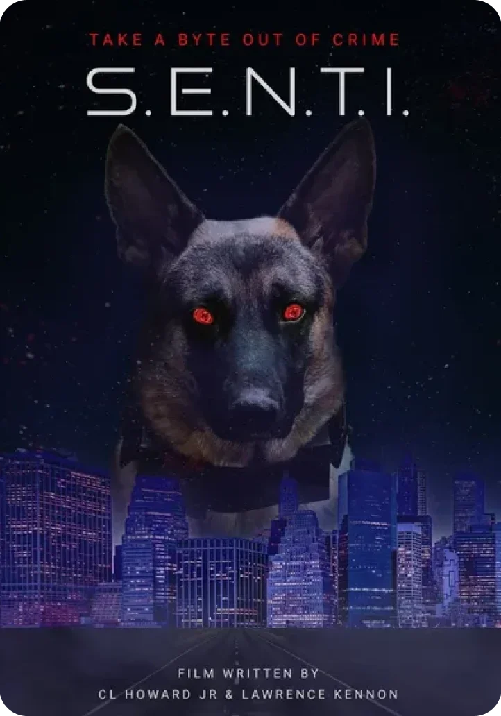 Sci-fi dog above urban skyline.
