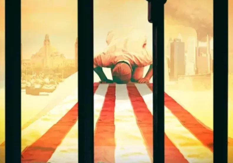 Dramatic poster, hand over American flag.